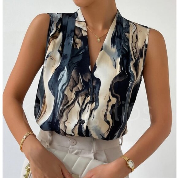 Marble Print Button Down Collared Sleeveless Blouse Top - Picture 1 of 11